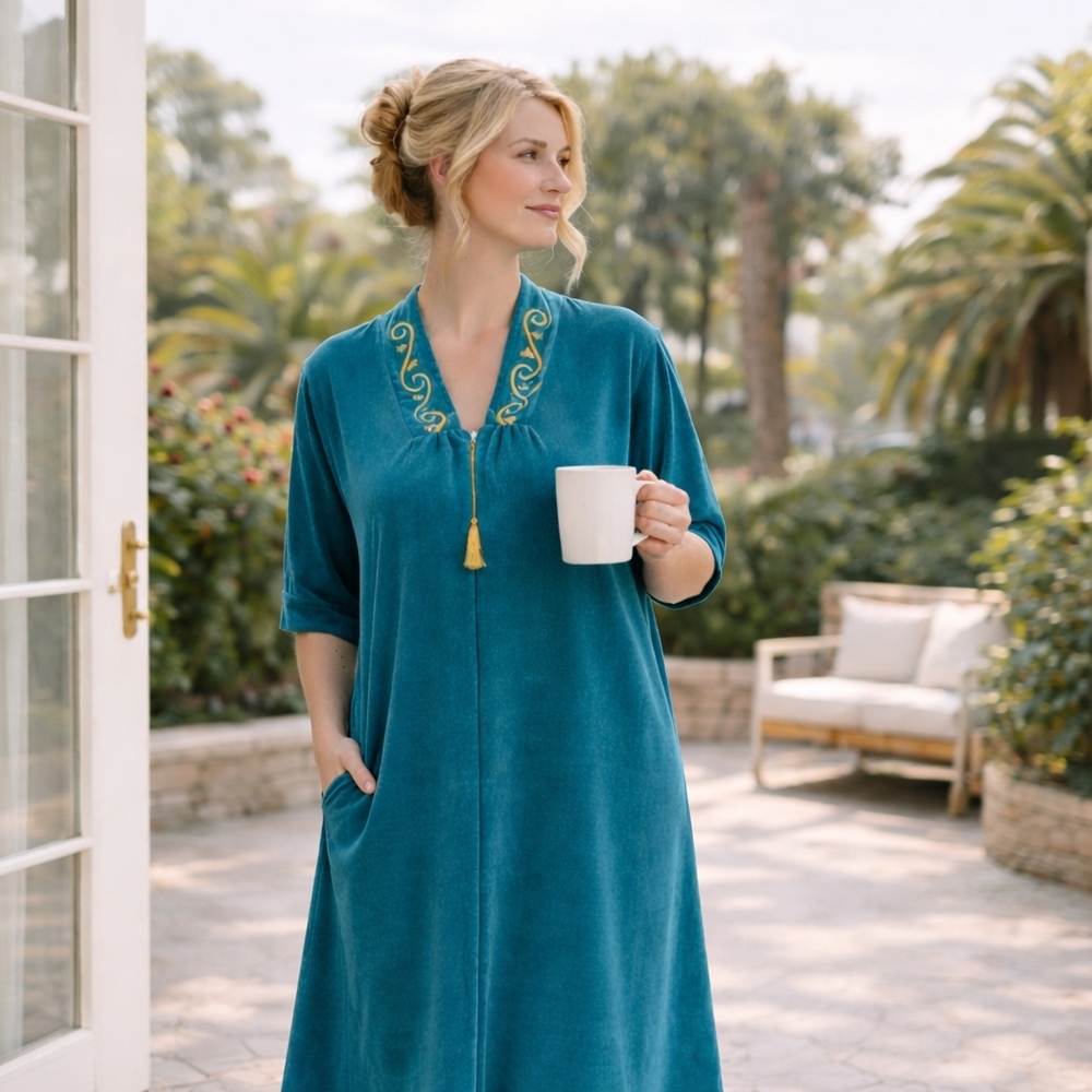 Vintage Kelly Teal Embroidered House Dress | Tassel Zip Front | Made In Canada |